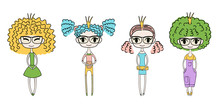 Hand Drawn Vector Illustration Of Four Kawaii Trendy Girls With Curly Hair, In Cute Dresses, T-shirt, Leggings, Shorts, And Denim Overalls