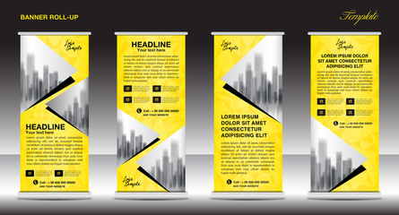 Wall Mural - Roll up banner stand template design, Yellow banner layout, advertisement, pull up, polygon background, vector illustration, business flyer, display, x-banner, flag-banner, infographics, presentation