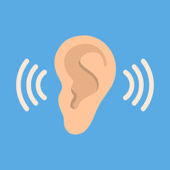 ear listen vector icon on blue background. ear vector icon. listening vector icon.