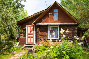 Sticker - front view of wooden house in russian village