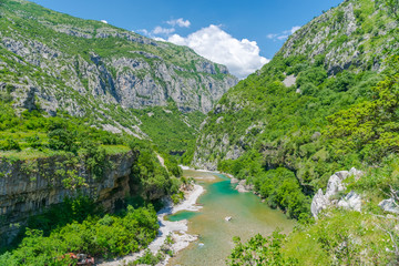 The purest waters of the turquoise color of the river Moraca flowing among the canyons. Montenegro.