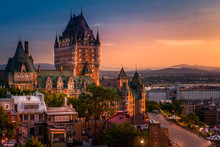 Frontenac Castle In Old Quebec City In The Beautiful Sunrise Light. High Dynamic Range Image. Travel, Vacation, History, Cityscape, Nature, Summer, Hotels And Architecture Concept