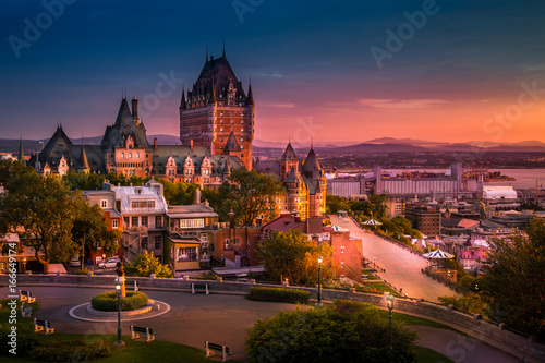 Frontenac Castle in Old Quebec City in the beautiful sunrise light. High dynamic range image. Travel, vacation, history, cityscape, nature, summer, hotels and architecture concept
