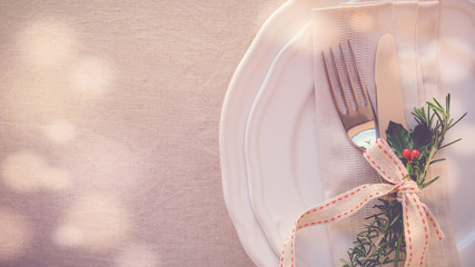 Wall Mural - Christmas table place setting, holidays copy space background
