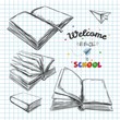 Welcome back to school concept, Vector hand drawn illustration. Chalkboard lettering. Typography. Sketch style. Books