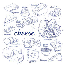Doodle Set Of Cheese Board - Gorgonzola, Ricotta, Cheddar, Mozzarella, Brie, Feta, Camembert, Gouda, Maasdam, Parmesan, Roquefort, Hand-drawn. Vector Sketch Illustration Isolated Over White Background