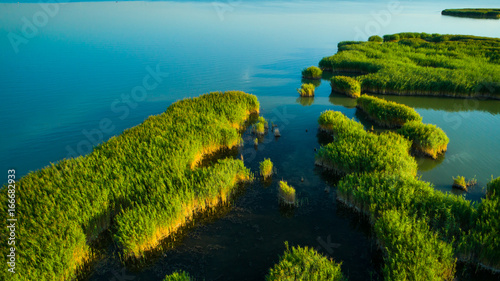 Plakat Widok z lotu ptaka Reeds wyspa w jeziorze na Węgry, Sukoro, Velence.