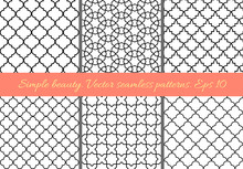 Set Of Geometric Seamless Patterns In Oriental Style. Lattice, Quatrefoil, Tiles. Moroccan, Arabic, Traditional Geometric Backgrounds.