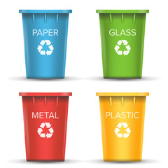 Sticker - Multicolored Recycling Bins Vector. 3D Realistic. Set Of Red, Green, Blue, Yellow Buckets. For Paper, Glass, Metal, Plastic Sorting. Isolated On White