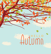 Vector Banner With The Words Hello Autumn. Autumn Landscape With Autumn Leaves On The Branches Of Trees In A Park Or Forest On A Background Of Blue Sky With Clouds
