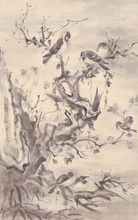 Birds On A Tree Autumn Landscape Ink Painting