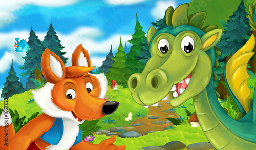 Cartoon Scene Of A Dragon Talking To Fox And Having Fun Illustration For Children Buy This Stock Illustration And Explore Similar Illustrations At Adobe Stock Adobe Stock