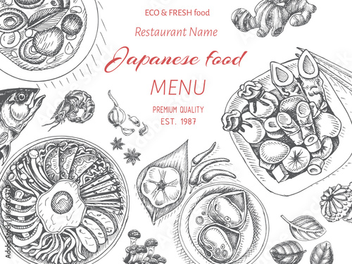 Vector Illustration Sketch Asian Food Card Menu Japan Vintage