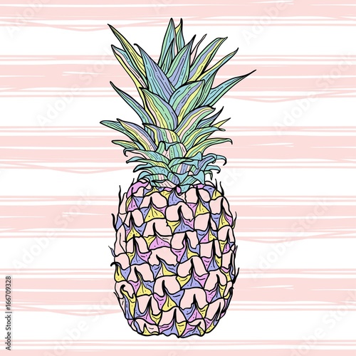 Plakat na zamówienie Kolorowy wektorowy ananas na tle w paski