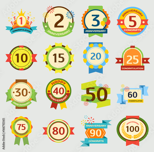 Happy birthday badges vector set anniversary card birth date paper sticker