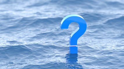 Blue question mark background in the waves of the sea. 3D Rendering.