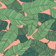 Composition of green palm banana leaf on a light pink background. Print summer seamless vector pattern wallpaper
