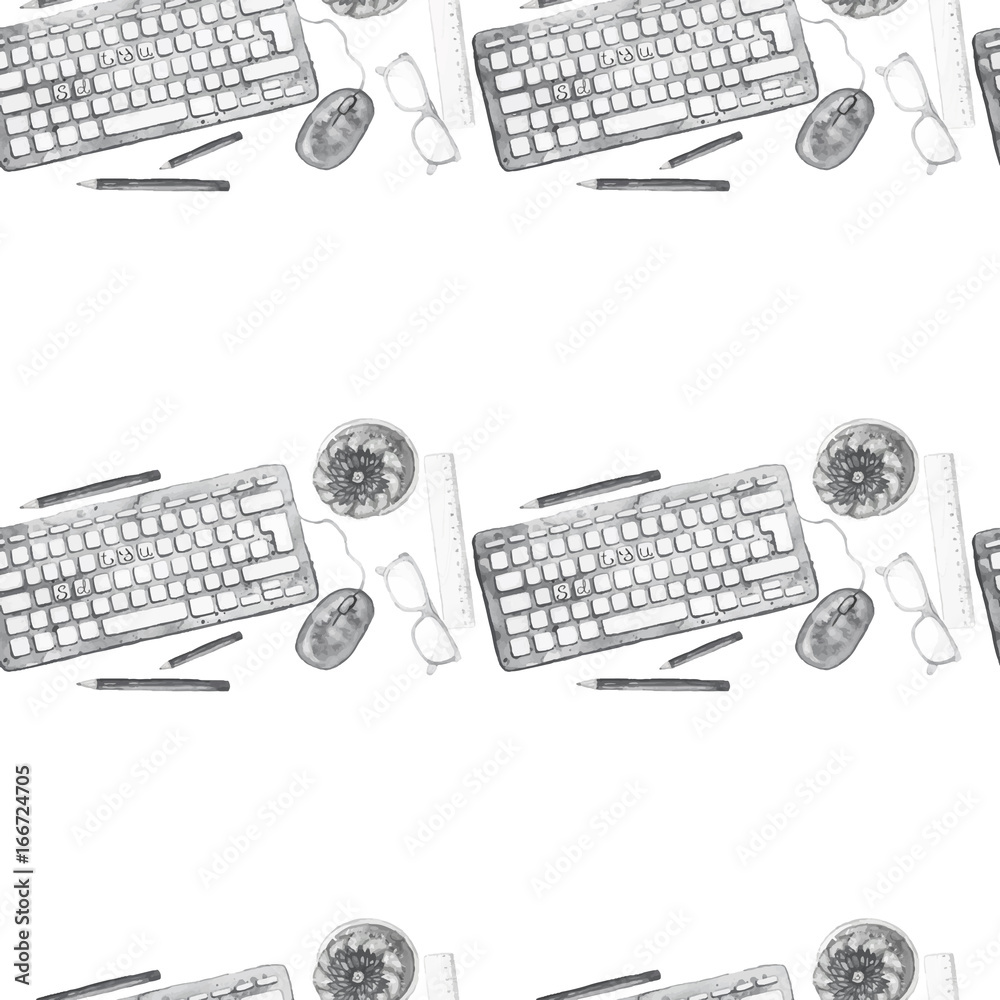 Work Objects Background Seamless background pattern of objects painted watercolor office ...
