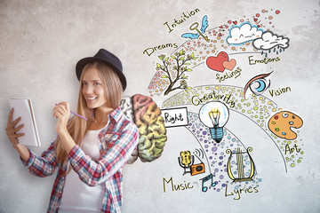 Wall Mural - Young female artist with brain sketch