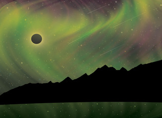 artist's rendition of aurora borealis/northern lights/southern lights/polar lights & a meteor shower