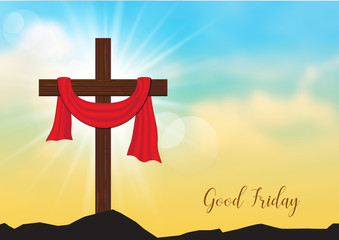 Wall Mural - Good Friday. Background with wooden cross and sun rays in the sky,Vector illustration EPS10.