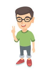 Poster - Caucasian boy in glasses showing victory gesture. Little boy showing victory sign with two fingers. Vector sketch cartoon illustration isolated on white background.