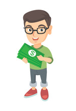Caucasian Boy In Glasses Holding Money In Hands. Full Length Of Smiling Little Boy With Dollar Money Banknotes. Vector Sketch Cartoon Illustration Isolated On White Background.