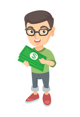 Wall Mural - Caucasian boy in glasses holding money in hands. Full length of smiling little boy with dollar money banknotes. Vector sketch cartoon illustration isolated on white background.