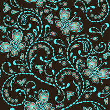 Blue And Brown Seamless Pattern With Butterflies And Hearts. Decorative Ornament Backdrop For Fabric, Textile, Wrapping Paper, Card, Invitation, Wallpaper, Web Design.
