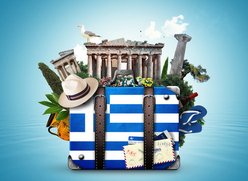 greece, vintage suitcase with greece landmarks