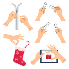Hands Are Unzipping A Zipper. Hand With Glasses And Christmas Red Sock With Candy Cane. Hand On The Screen Of Digital Tablet Is Stretching Celebration Gift Box. Flat Vector Concept Illustration Set.