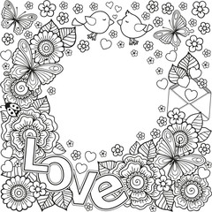 I love you. Abstract coloring book for Adult. Design for wedding invitations and Valentine's Day of abstract flowers, hearts, envelope, arrow, heart, bird, kiss, butterfly.