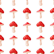Amanita Fly Agaric Toadstool Mushrooms Fungus Seamless Pattern Art Style Design Vector Illustration.