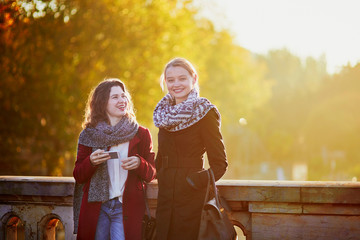 Wall Mural - Two young girls walking together in Paris