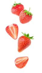 Poster - Isolated strawberries. Falling strawberry fruits whole and cut in half isolated on white background with clipping path