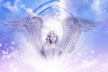  angel archangel with big wings over a mystical Divine sky with a gate and stars