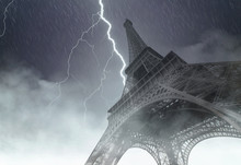 Eiffel Tower During The Heavy Storm, Rain And Lighting In Paris, Creative Picture