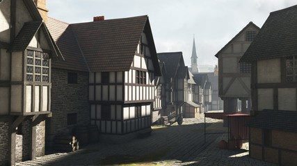 Fototapete - Illustration of a Street Scene in a Medieval Town