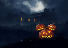 Illustration Scarecrow, Halloween Night Farm,dark Fantasy Painting.