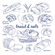 Doodle Set Of Bread - Baguette, Rye, Farmers, Bun, White, Butter, Toast, Pretzel, Full Grain, Rolls, Basket, Hand-drawn. Vector Sketch Illustration Isolated Over White Background.	