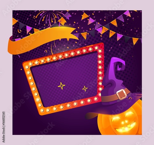 Halloween Background With Flags Garlands Pumpkin And Serpentine