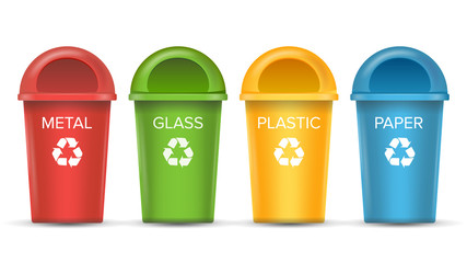 Canvas Print - Recycling Bins Isolated Vector. Set Of Red, Green, Blue, Yellow, White Buckets. For Paper, Glass, Metal, Plastic Recycling Waste Sorting. Isolated