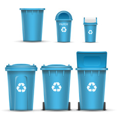 Sticker - Blue Recycling Bin Bucket Vector For Paper Trash. Opened And Closed. Front View. Sign Arrow. Isolated Illustration