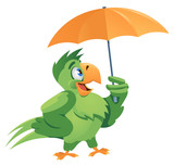 Fototapeta Dinusie - Bad weather. Funny parrot with umbrella. Cartoon styled vector illustration. Isolated on white. No transparent objects.