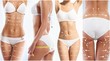 Collage of a female body with arrows. Fat lose, health, sport, fitness, nutrition, liposuction, healthy life-style concept.