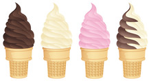 Vector Illustration Of Soft Serve Ice Cream Cones In A Variety Of Flavors.