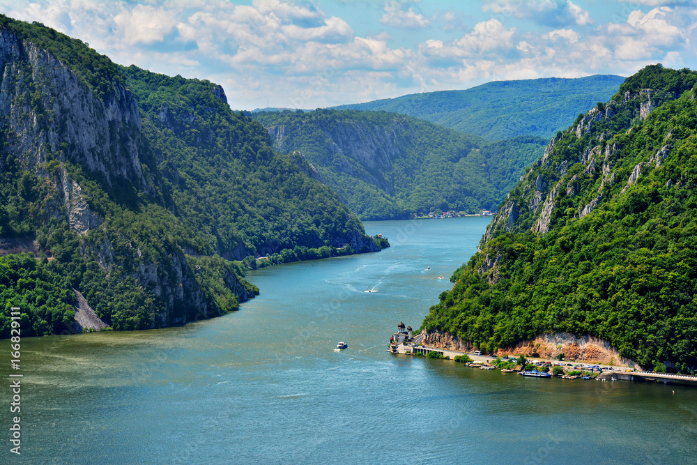 Spectacular Danube Gorges, also known as The Danube Boilers ,passing through the Carpathian Mountains, between Serbia and Romania - obrazy, fototapety, plakaty 