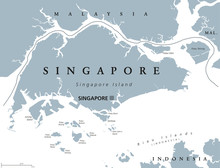 Singapore Political Map With English Labeling. Republic And Sovereign State In Southeast Asia. Sometimes Called Lion City, Garden City Or Little Red Dot. Gray Illustration On White Background. Vector.
