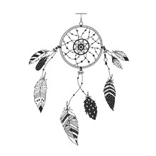 Cute Hand Drawn Dreamcatcher With Feather. Vector Handdrawn Doodle Illustration