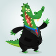 Cute cartoon crocodile, alligator or dinosaur wearing black businessman suit. Vector illustration of a lovely crocodile mascot isolated
